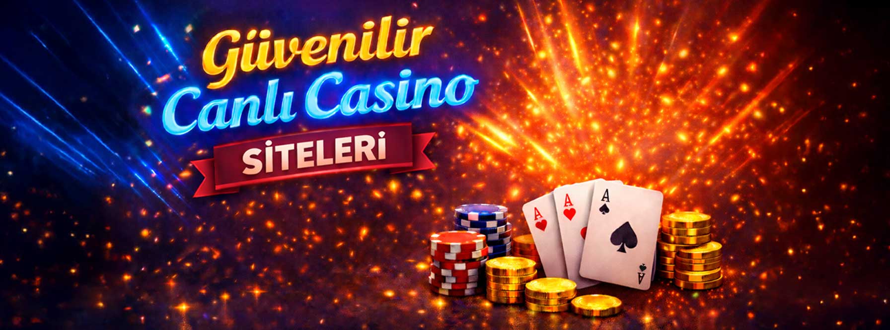 Güvenilir canlı casino sitelerini temsil eden, poker fişleri, altın paralar ve as iskambil kartlarıyla hazırlanmış casino temalı görsel