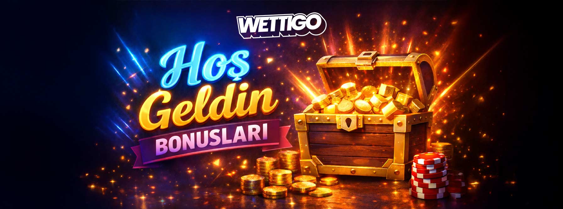 Wettigo hoş geldin bonuslarını simgeleyen, altın dolu sandık ve casino jetonlarıyla hazırlanmış bonus kampanya görseli