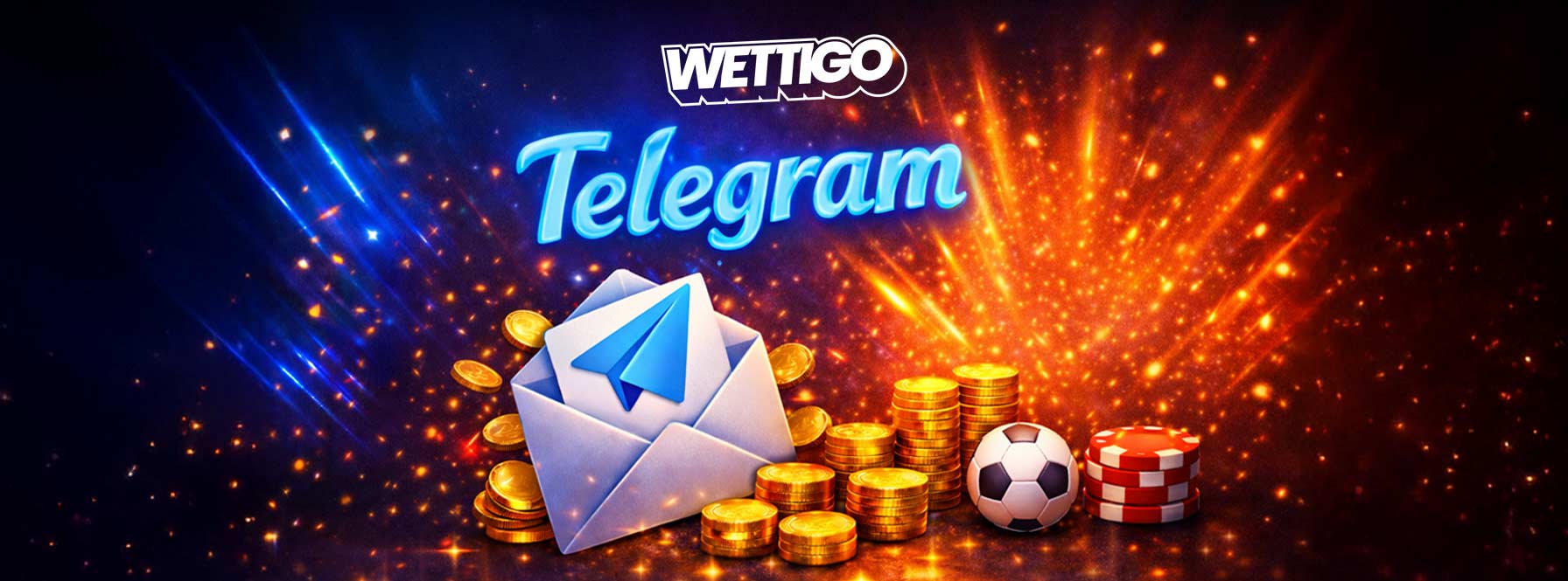 Wettigo Telegram kanalını temsil eden, Telegram logosu, altın paralar ve casino öğeleriyle hazırlanmış tanıtım görseli